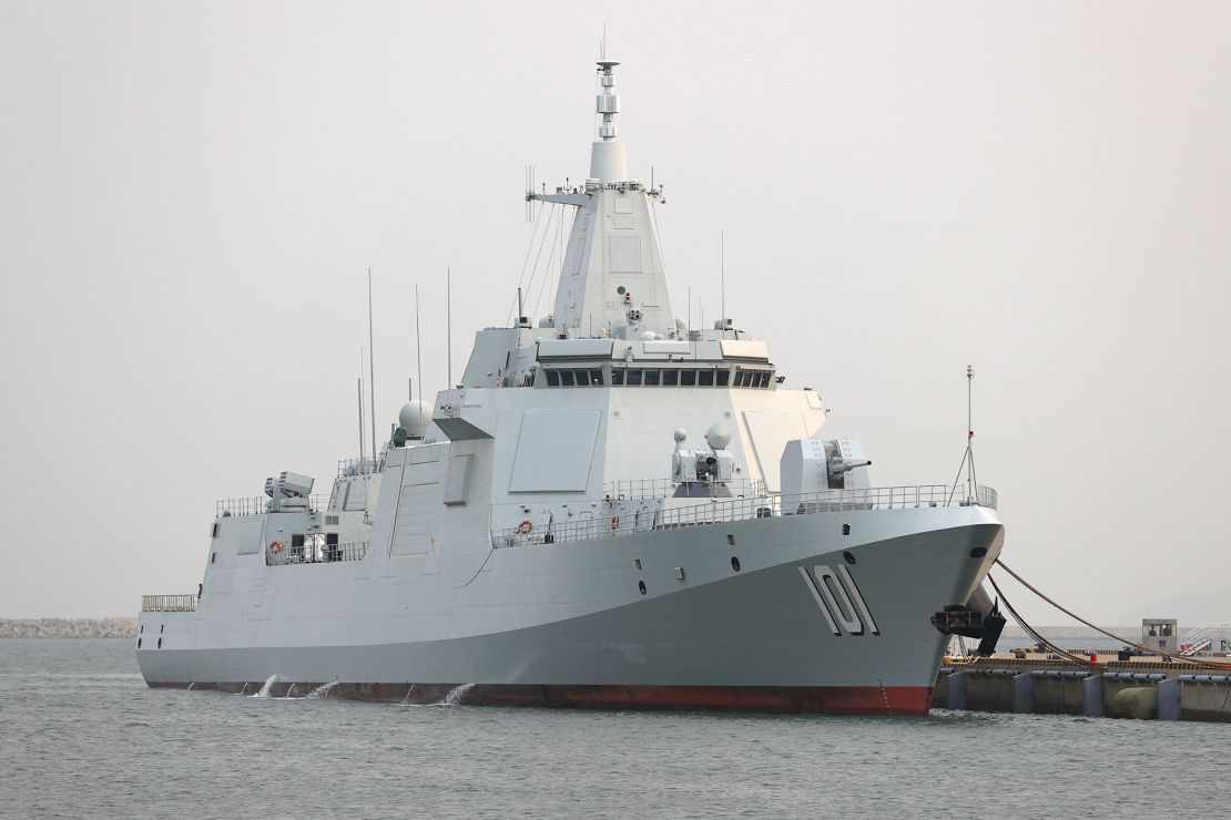 The Type 055 guided-missile destroyer Nanchang (101) at Qingdao Port ahead of an activity to celebrate the 74th anniversary of the founding of the Chinese People's Liberation Army Navy (PLAN) on April 20, 2023 in Qingdao, China.