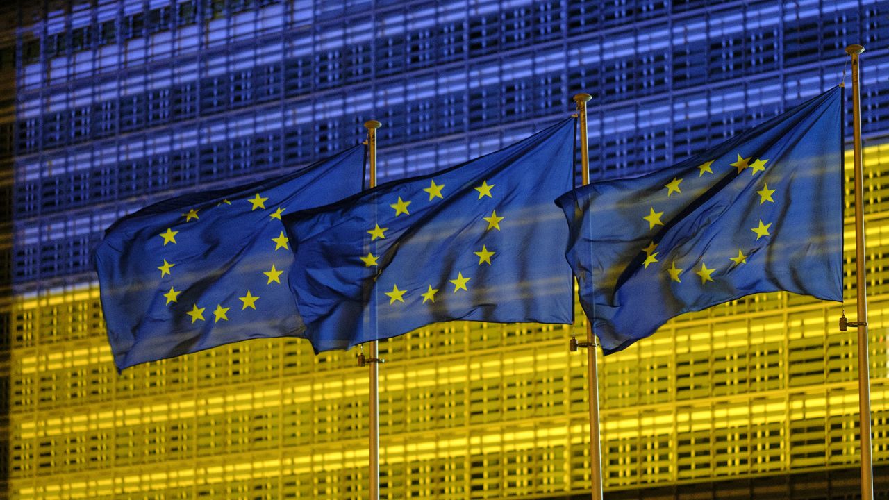 Belgium, Brussels: facade of the Berlaymont building lit up in the colours of the Ukrainian flag (2022/05/08). (Photo by: Monasse T/Andia/Universal Images Group via Getty Images)