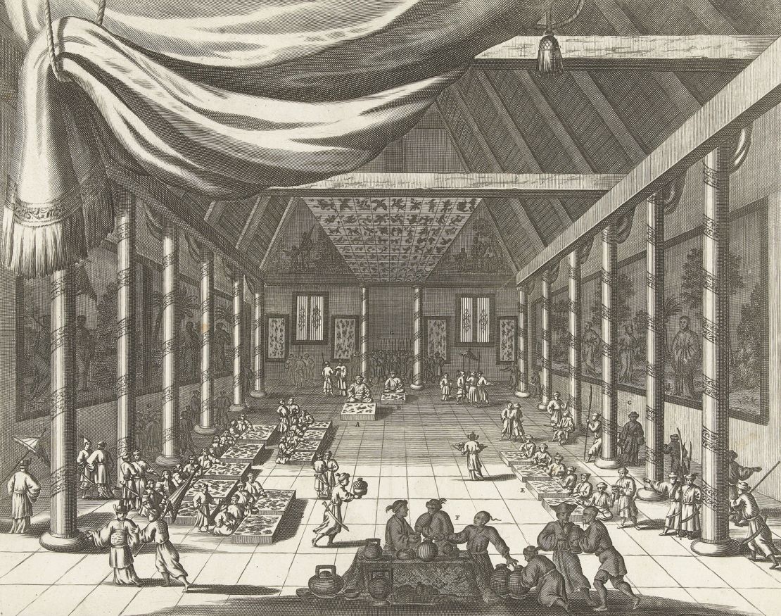 An old artwork (from 1668 to 1670) from the Netherlands offers a glimpse of what a grand banquet for the Dutch envoy in the Forbidden City in 1667 might have looked like.