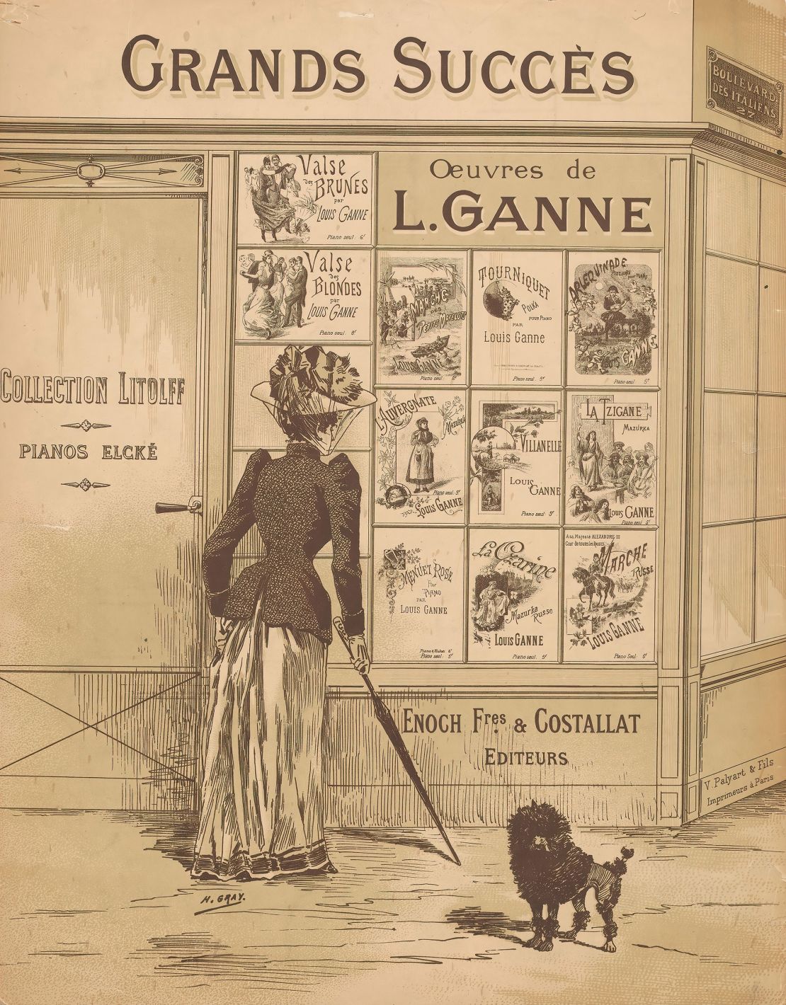This illustration, dated from circa 1880 - 1895, shows a woman standing in front of the window of Enoch Frères & Costallat publishers in Paris, with in the foreground, a poodle.