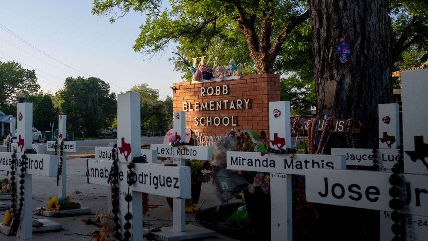 A memorial dedicated to the victims of the mass shooting at Robb Elementary School is seen on April 27, 2023, in Uvalde, Texas.