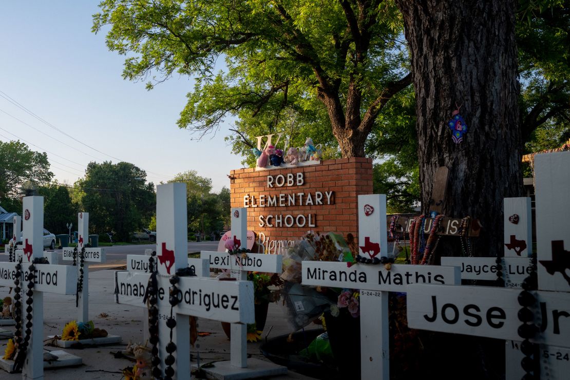 A memorial dedicated to the 19 children and two adults murdered during the mass shooting at Robb Elementary School is seen on April 27, 2023, in Uvalde, Texas.