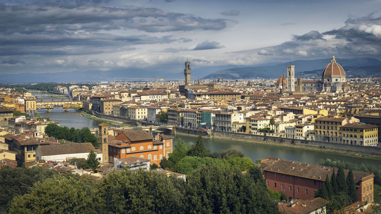 May 07, 2022. Florence, Tuscany, Italy. Overall view of the city center across the Arno river. The historic center of Florence is a UNESCO World Heritage Site.