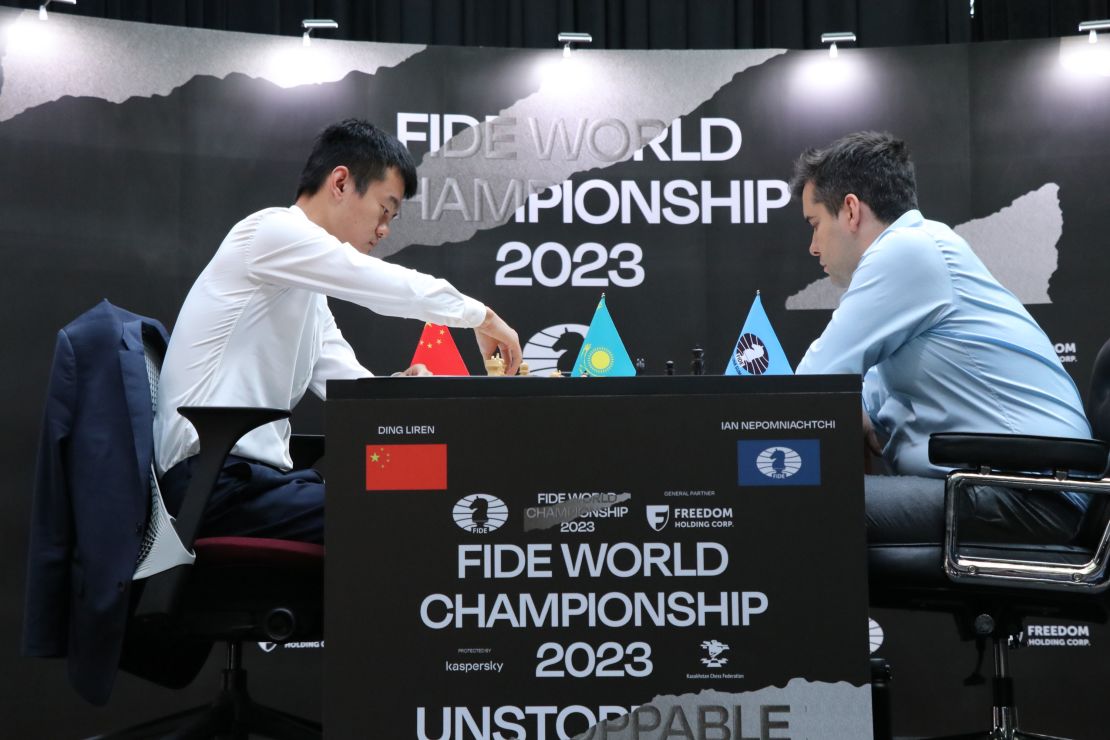 ASTANA, KAZAKHSTAN - APRIL 29: Grandmaster Ding Liren (L) of China plays against grandmaster Ian Nepomniachtchi of Russia during the 2023 World Chess Championship at the St Regis Astana Hotel on April 29, 2023 in Astana, Kazakhstan. (Photo by Zhang Shuo/China News Service/VCG via Getty Images)