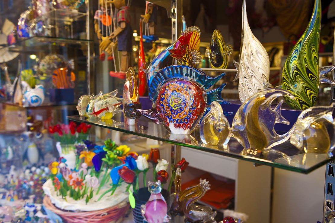 A souvenir shop in Venice, displays ornate glass goods.