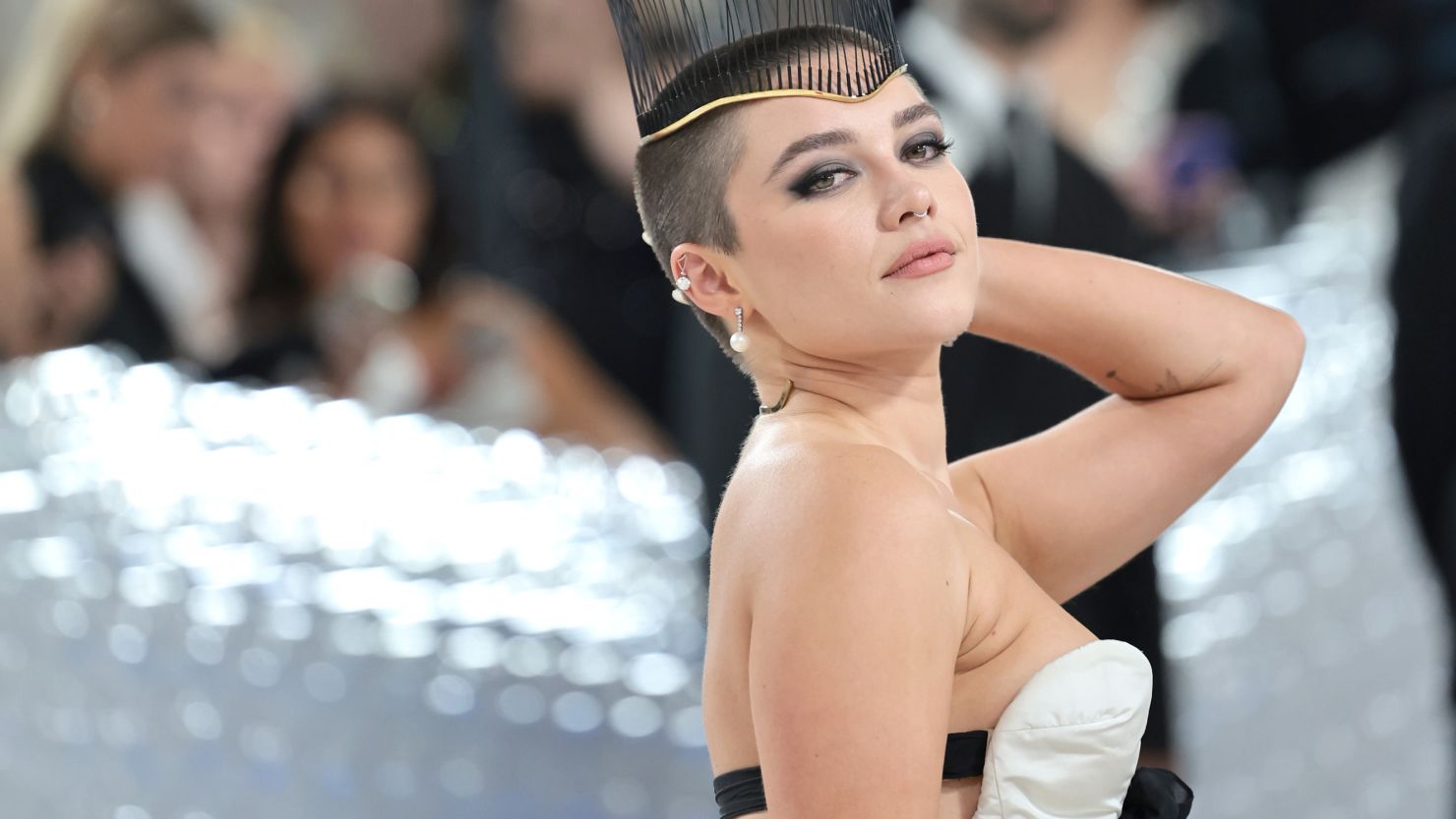 Florence Pugh soon after her hair was shaved off at The 2023 Met Gala Celebrating "Karl Lagerfeld: A Line Of Beauty" at The Metropolitan Museum of Art on May 01, 2023 in New York City.