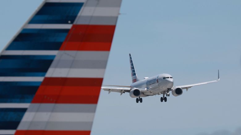An American Airlines plane prepares to land at the Miami International Airport on May 2, 2023, in Miami, Florida.