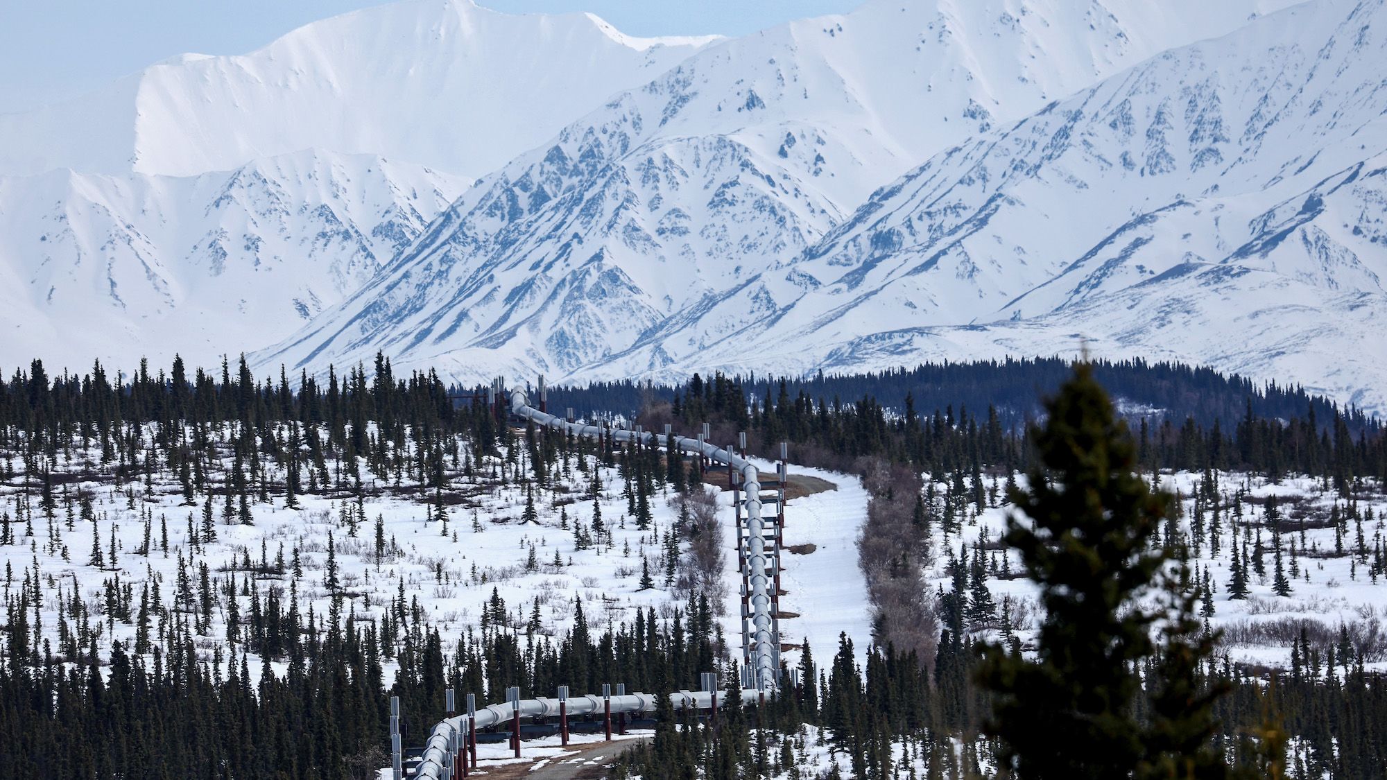 A part of the Trans Alaska Pipeline System runs through boreal forest past Alaska Range mountains in May 2023 near Delta Junction, Alaska. The 800-mile-long pipeline carries oil from the North Slope in Prudhoe Bay to the port of Valdez.
