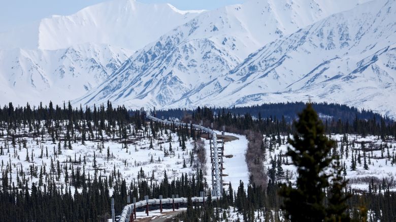 A part of the Trans Alaska Pipeline System runs through boreal forest past Alaska Range mountains on May 5, 2023 near Delta Junction, Alaska. The 800-mile-long pipeline carries oil from the North Slope in Prudhoe Bay to the port of Valdez.