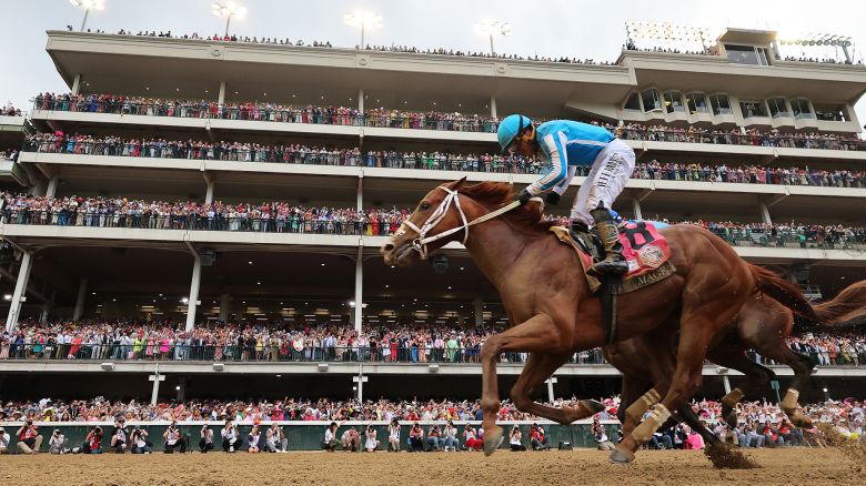 LOUISVILLE, KENTUCKY - MAY 06: Javier Castellano celebrates atop Mage #8, after crossing the finish line to win the 149th running of the Kentucky Derby at Churchill Downs on May 06, 2023 in Louisville, Kentucky. (Photo by Michael Reaves/Getty Images)