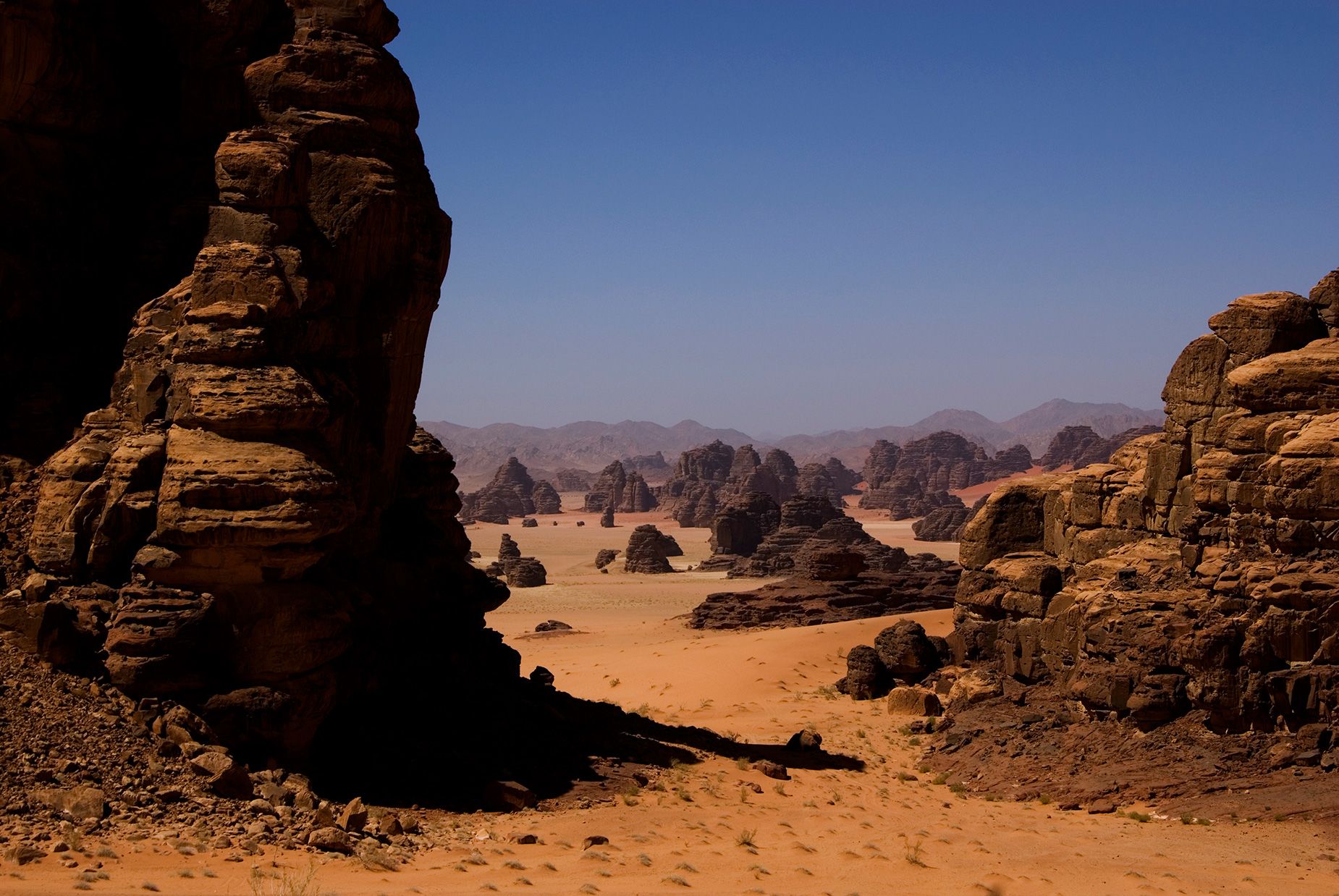 The huge Hisma desert, made up of red sand and huge sandstone rock formations, stretches up into Jordan.