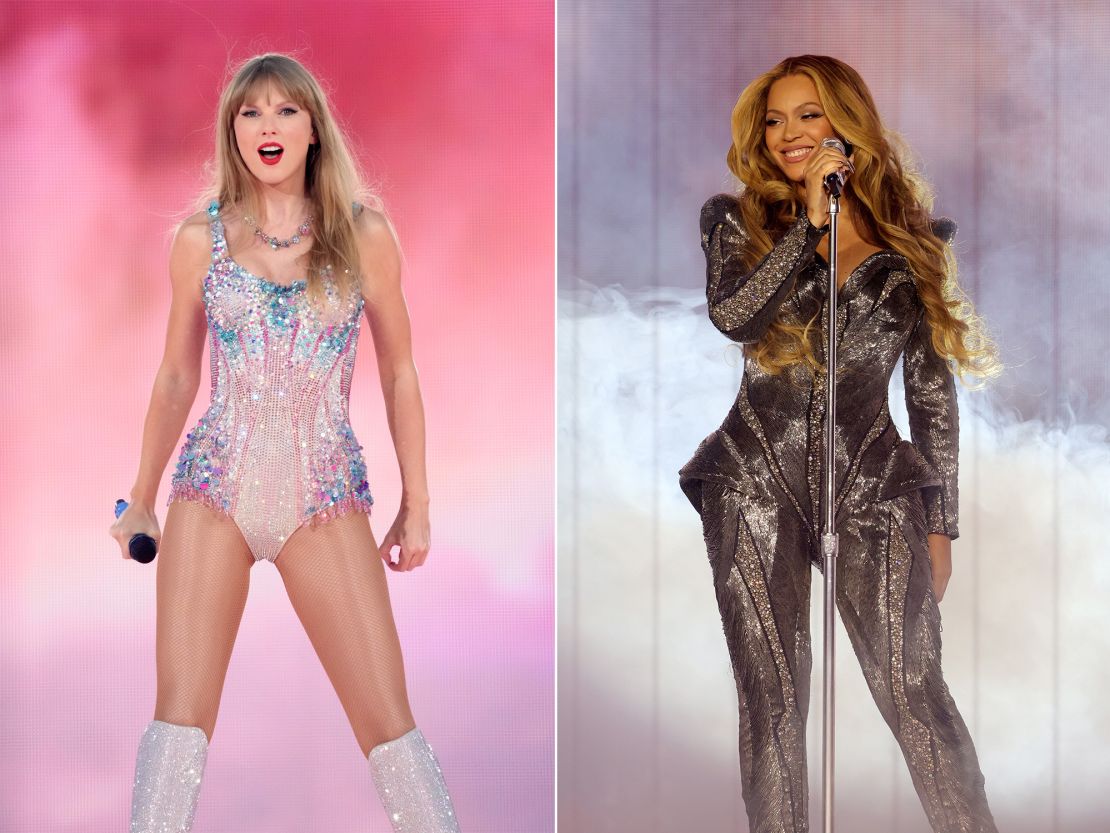 From left: Taylor Swift performs in Santa Clara, California during "The Eras Tour," and Beyoncé on the opening night of her "Renaissance" tour in Stockholm, Sweden.