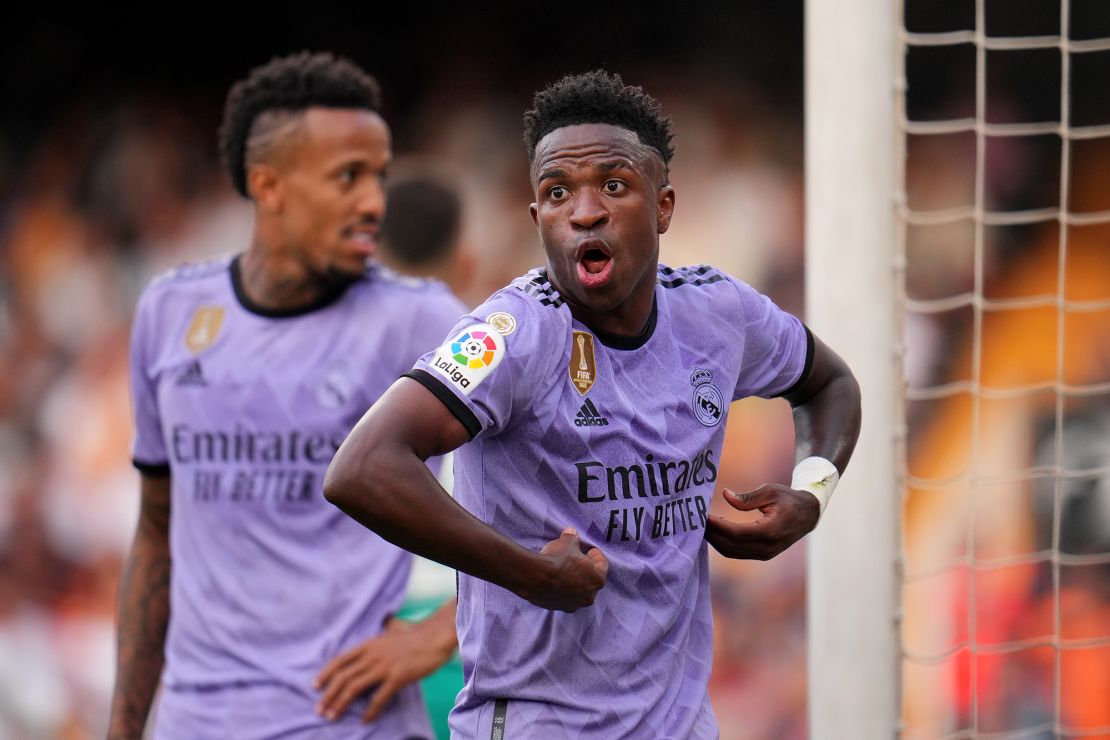 Vinícius Jr. reacts after receiving racist abuse via gestures made by fans during the LaLiga match against Valencia CF at the Estadio Mestalla on May 21, 2023.