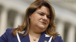 WASHINGTON, DC - MAY 23: U.S. Delegate Jenniffer Gonzalez-Colon (R-PR) listens as Rep. Veronica Escobar (D-TX) listens as Rep. Maria Salazar (R-FL) speaks during a press conference on immigration outside the U.S. Capitol Building on May 23, 2023 in Washington, DC. During the bipartisan news conference lawmakers introduced the “Dignity Act,” which lawmakers expect will improve the application process for U.S. citizenship as well as increase security on both the northern and southern borders. (Photo by Anna Moneymaker/Getty Images)