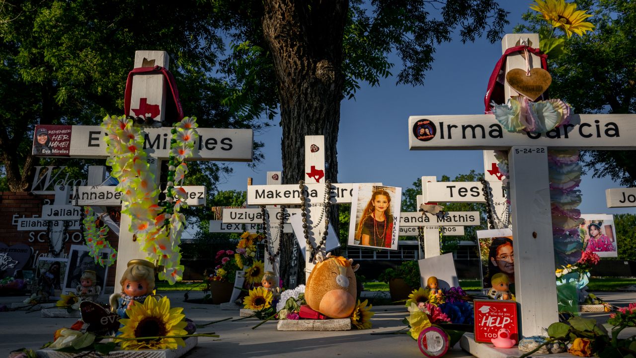 A memorial dedicated to the victims of the mass shooting at Robb Elementary School is seen on May 24, 2023, in Uvalde, Texas.