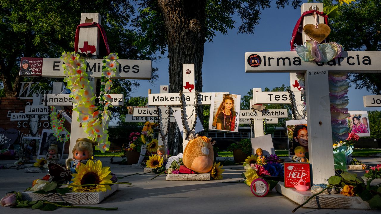 UVALDE, TEXAS - MAY 24: A memorial dedicated to the 19 children and two adults murdered on May 24, 2022 during the mass shooting at Robb Elementary School is seen on May 24, 2023 in Uvalde, Texas. Today marks the 1-year anniversary of the mass shooting at the school. 19 children and two teachers were killed when a gunman entered the school, opening fire on students and faculty. (Photo by Brandon Bell/Getty Images)