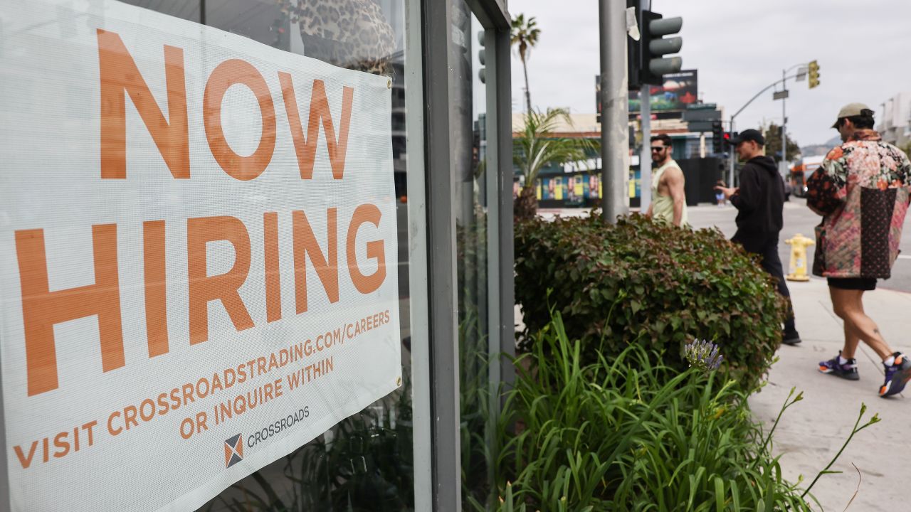 LOS ANGELES, CALIFORNIA - JUNE 02: A 'Now Hiring' sign is displayed outside a resale clothing shop on June 2, 2023 in Los Angeles, California. Today’s U.S. labor report shows that employers added 339,000 jobs in May with sectors including construction, healthcare, business services and transportation adding jobs with wages showing 4.3 percent growth over the same period last year. (Photo by Mario Tama/Getty Images)