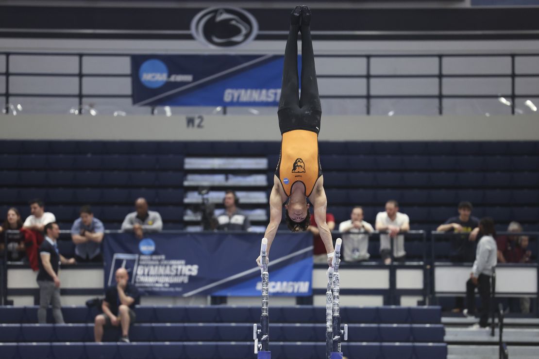 Koby Cantu of the Greenville Panthers competes on the parallel bars during the Men's Gymnastics Division I Championships on April 14, 2023 in University Park, Pennsylvania.