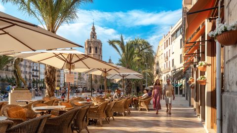 Panoramic scene at Plaza de la Virgen in Ciutat Vella area of Valencia Spain on afternoon.