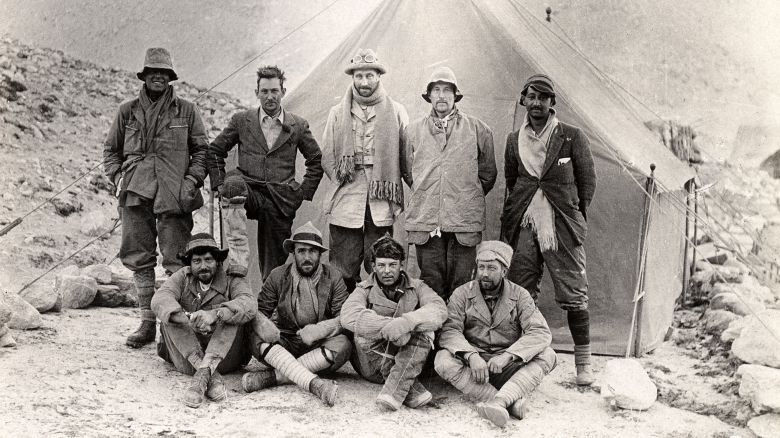 Members of the 1924 British Mount Everest expedition. Back row, left to right: Andrew Irvine, George Mallory, John de Vars Hazard, Noel E. Odell and expedition doctor, R.W.G. Hingston. Front, left to right: E.O. Shebbeare, Geoffrey Bruce, Dr. T. Howard Somervell and Bentley Beetham. (Photo by Capt. J.B. Noel/Royal Geographical Society via Getty Images)