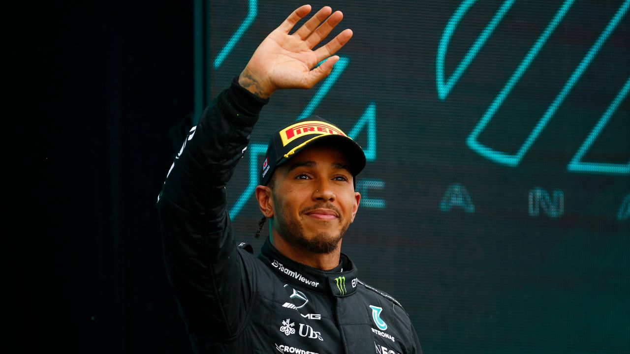 Third placed Lewis Hamilton of Great Britain and Mercedes celebrates on the podium during the F1 Grand Prix of Canada at Circuit Gilles Villeneuve on June 18, 2023 in Montreal, Quebec.