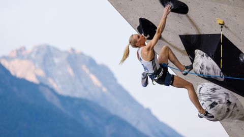 Janja Garnbret of Slovenia competes during the women's lead climbing finals of the IFSC Climbing World Cup at Kletterzentrum Innsbruck on June 18, 2023 in Innsbruck, Austria.