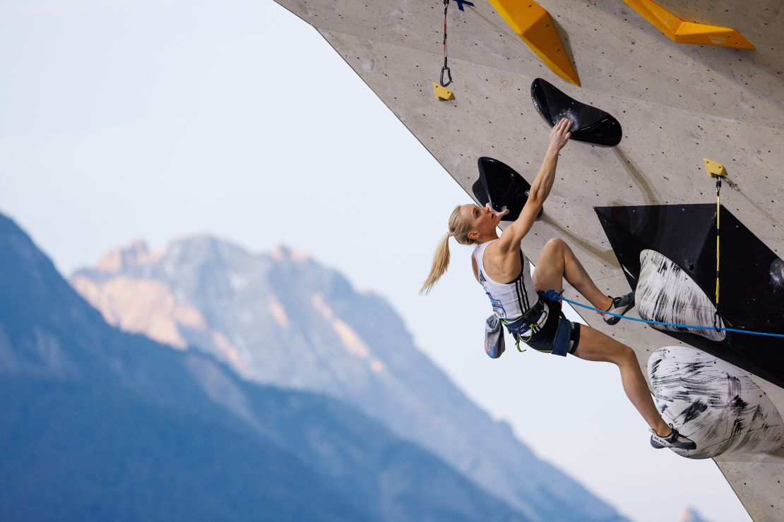 Garnbret competes during the women's lead climbing finals of the IFSC Climbing World Cup at Kletterzentrum Innsbruck on June 18, 2023 in Innsbruck, Austria.