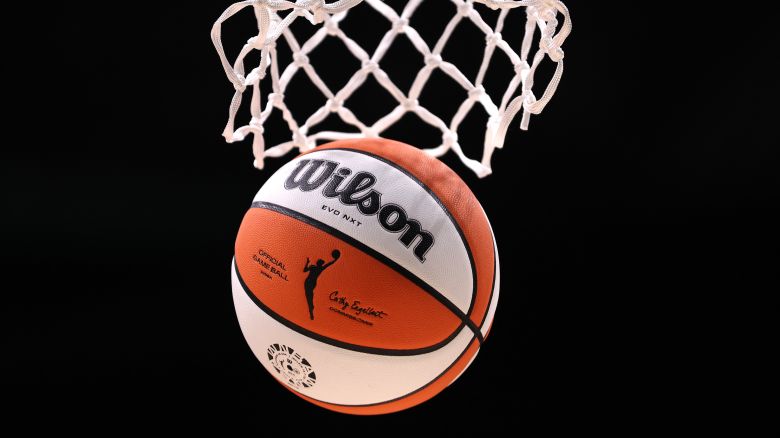 A detail of the WNBA logo is seen on a basketball during warmups between the Seattle Storm and the Connecticut Sun at Climate Pledge Arena on June 20, 2023 in Seattle, Washington.
