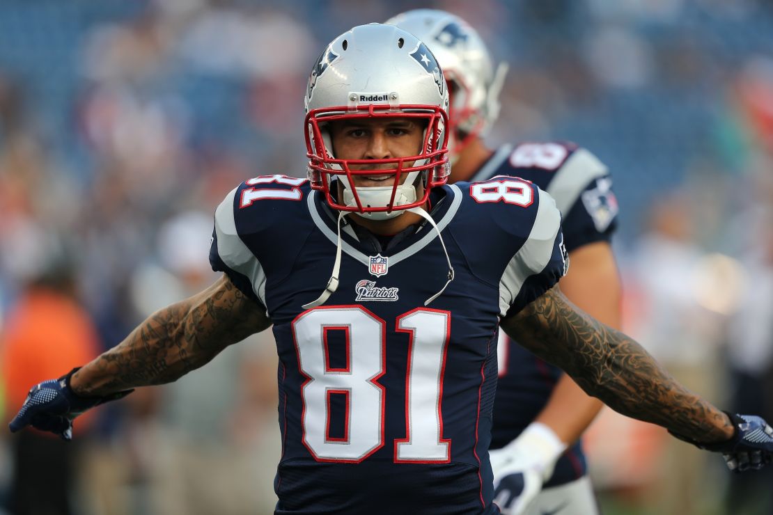 New England Patriots tight end Aaron Hernandez relaxes before a preseason exhibition game against the New Orleans Saints at Gillette Stadium.