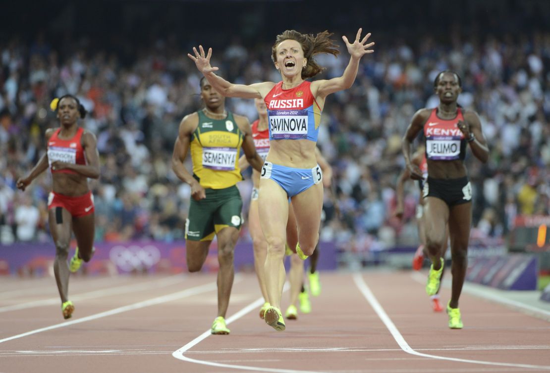Savinova celebrates her winning gold at the London Olympics, a title of which she was later stripped.