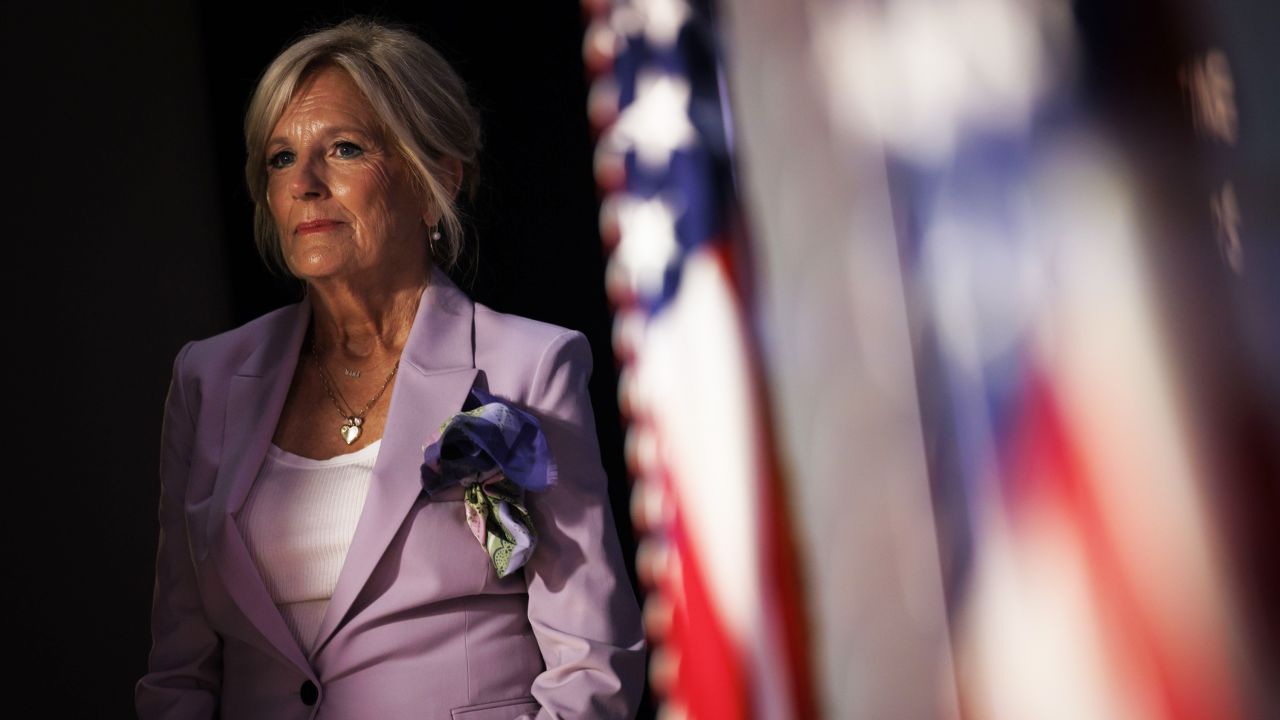 US First Lady Jill Biden waits to speak during a National Education Association event in the Eisenhower Executive Office Building in Washington, DC, US, on Tuesday, July 4, 2023. The US Supreme Court last week tossed out Biden's plan to slash the student debt of more than 40 million people, rejecting one of his signature initiatives as exceeding his power. Photographer: Ting Shen/Bloomberg via Getty Images
