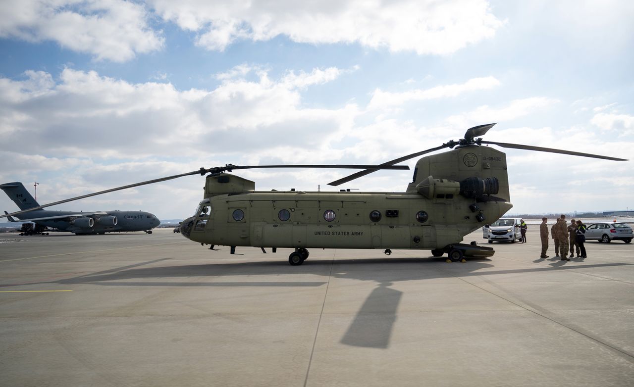 A U.S. Army Boeing CH-47 Chinook helicopter stands at Rzeszow Airport, Poland, on March 10, 2022.