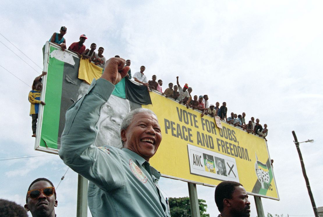 African National Congress (ANC) leader Nelson Mandela greets young supporters outside Durban ahead of South Africa's first democratic elections in April 1994. It was the first time South African writer Sean Jacobs was eligible to vote.