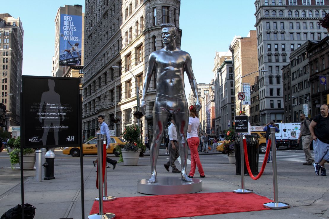 David Beckham's statue on the streets of New York City.