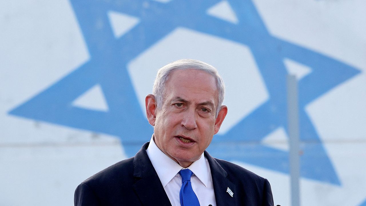 Benjamin Netanyahu delivers a speech at the Palmachim Airbase near the city of Rishon LeZion, Israel, on July 5, 2023.