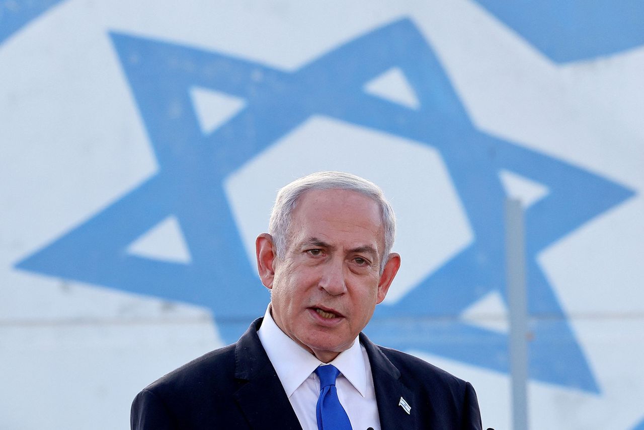 Benjamin Netanyahu delivers a speech at the Palmachim Airbase near the city of Rishon LeZion, Israel, on July 5, 2023.