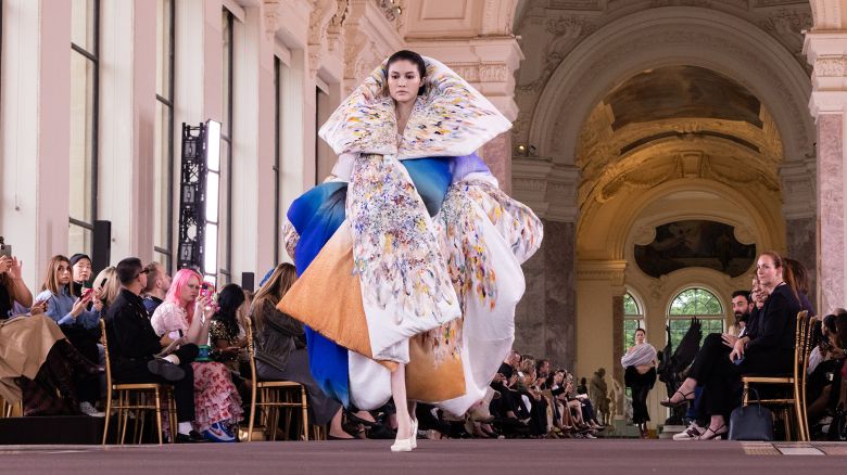 A model walks the runway for Schiaparelli's Haute Couture Fall-Winter 2024 show.
