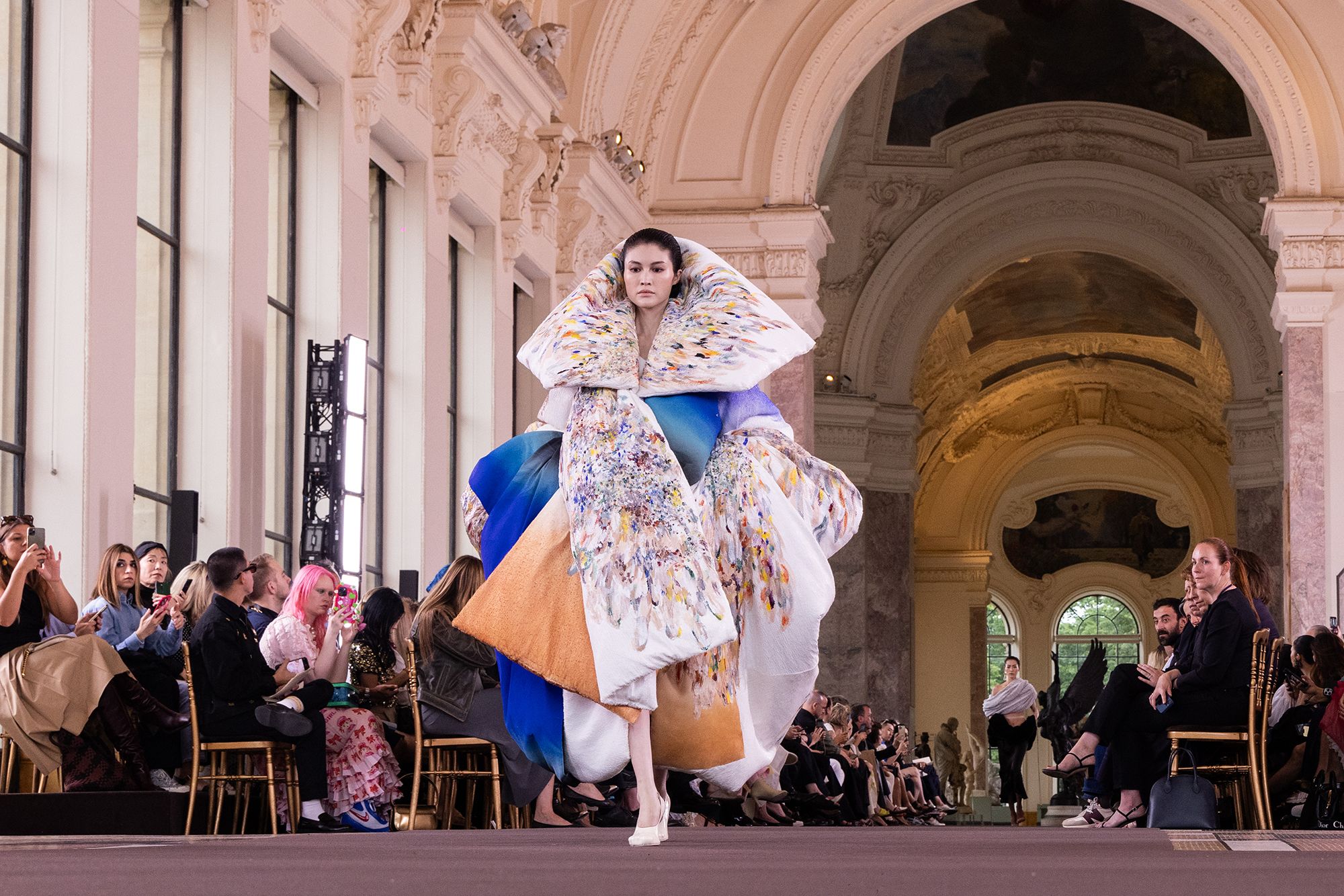 A model walks the runway for Schiaparelli's Haute Couture Fall-Winter 2024 show.