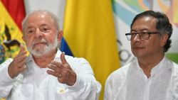 Brazilian President Luiz Inacio Lula da Silva (L) and Colombian President Gustavo Petro attend a meeting for talks on the protection of the Amazon Forest, in Leticia, Colombia, on the border with Brazil, on July 8, 2023. (Photo by Juan BARRETO / AFP) (Photo by JUAN BARRETO/AFP via Getty Images)