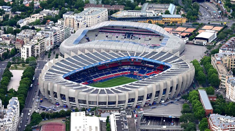 This aerial photograph taken on July 11, 2023, onboard a helicopter of the French army shows a view of the Parc des Princes Stadium (Bottom) and the Jean Bouin Stadium (Top) in Paris. (Photo by Emmanuel DUNAND / AFP) (Photo by EMMANUEL DUNAND/AFP via Getty Images)