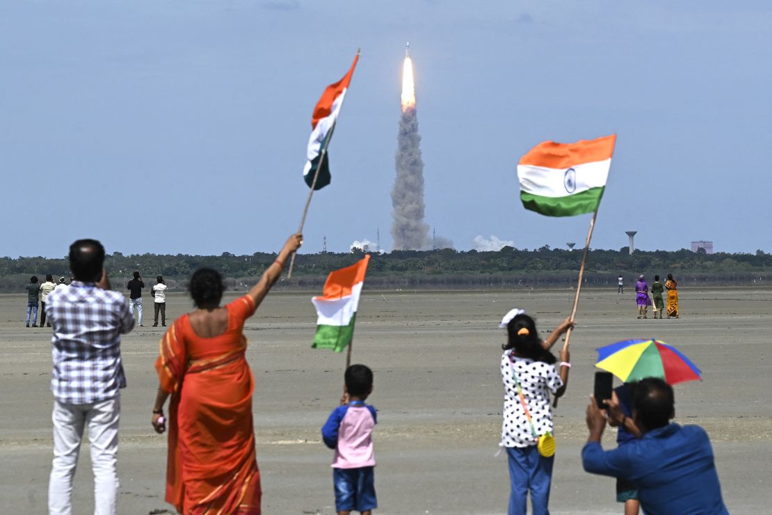 An Indian Space Research Organisation rocket carrying the Chandrayaan-3 moon lander lifts off from the Satish Dhawan Space Centre on Sriharikota, off the coast of Andhra Pradesh state, on July 14, 2023.