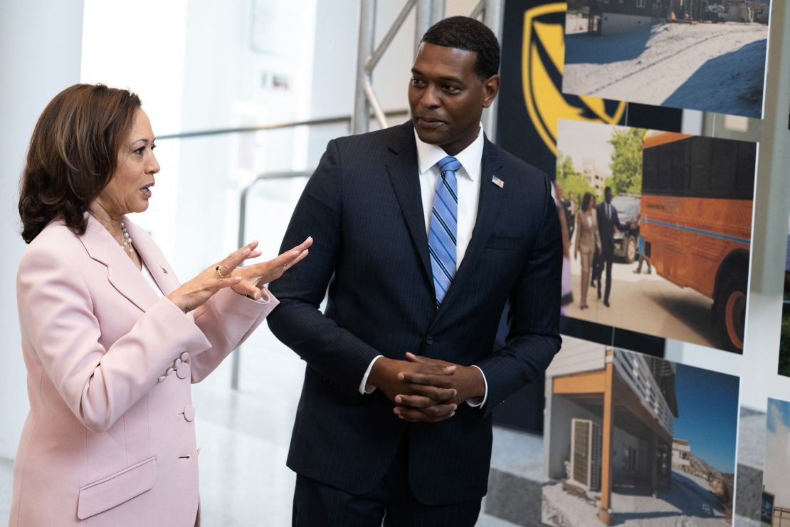 US Vice President Kamala Harris speaks during a briefing on community climate action alongside Environmental Protection Agency (EPA) Administrator Michael Regan (R), at Coppin State University in Baltimore, Maryland, July 14, 2023. (Photo by SAUL LOEB / AFP) (Photo by SAUL LOEB/AFP via Getty Images)