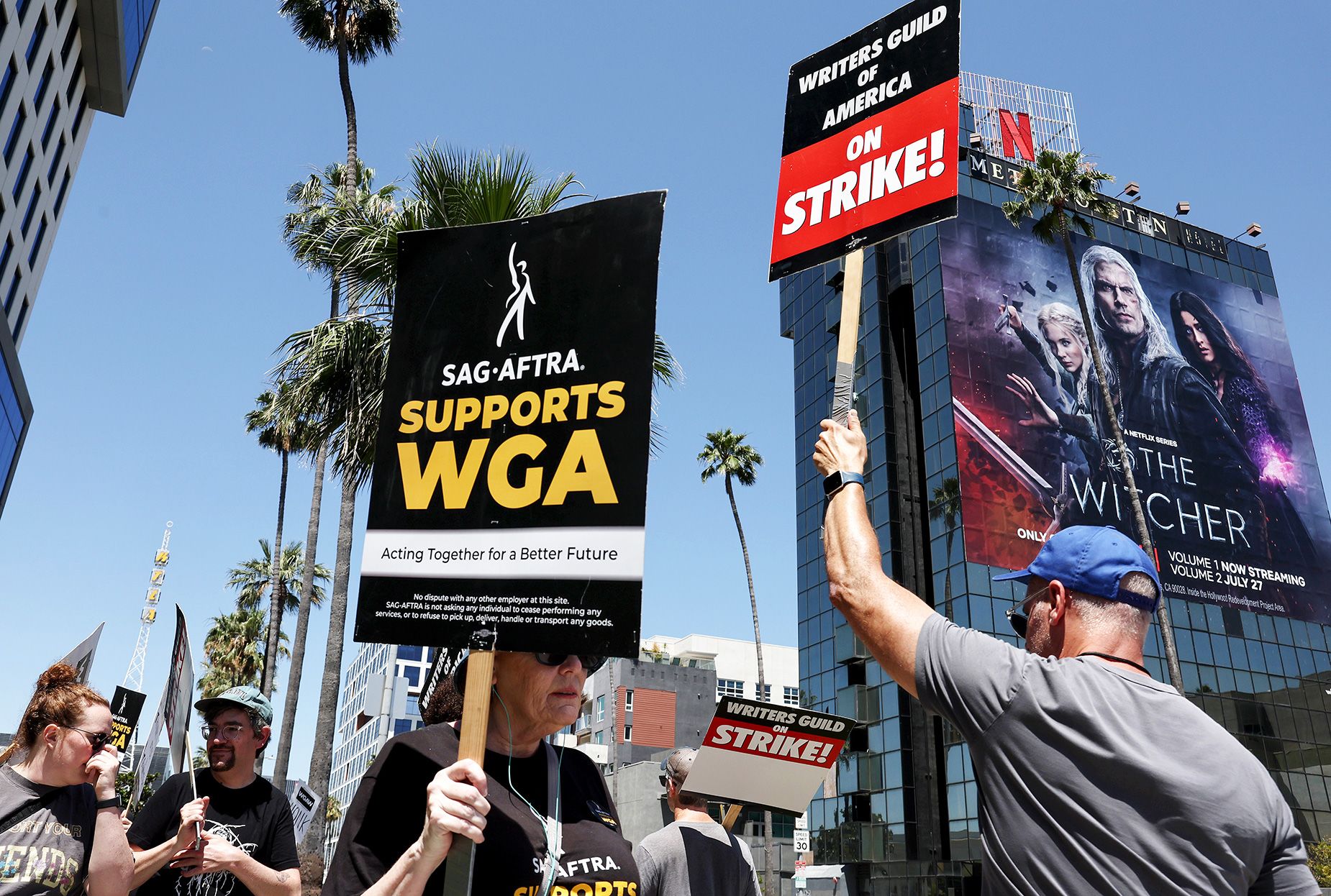 Member's of the actor's union SAG-AFTRA walk the picket line in solidarity with striking WGA (Writers Guild of America) workers outside Netflix offices in Los Angeles, California.