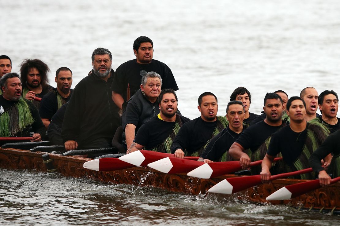 Tuheitia travels in a waka, a Maori canoe, on October 8, 2012 in Huntly, New Zealand to mark an anniversary of his grandfather's coronation.