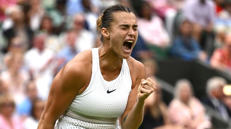 Sabalenka celebrates during last year's Wimbledon, a tournament she missed last month.