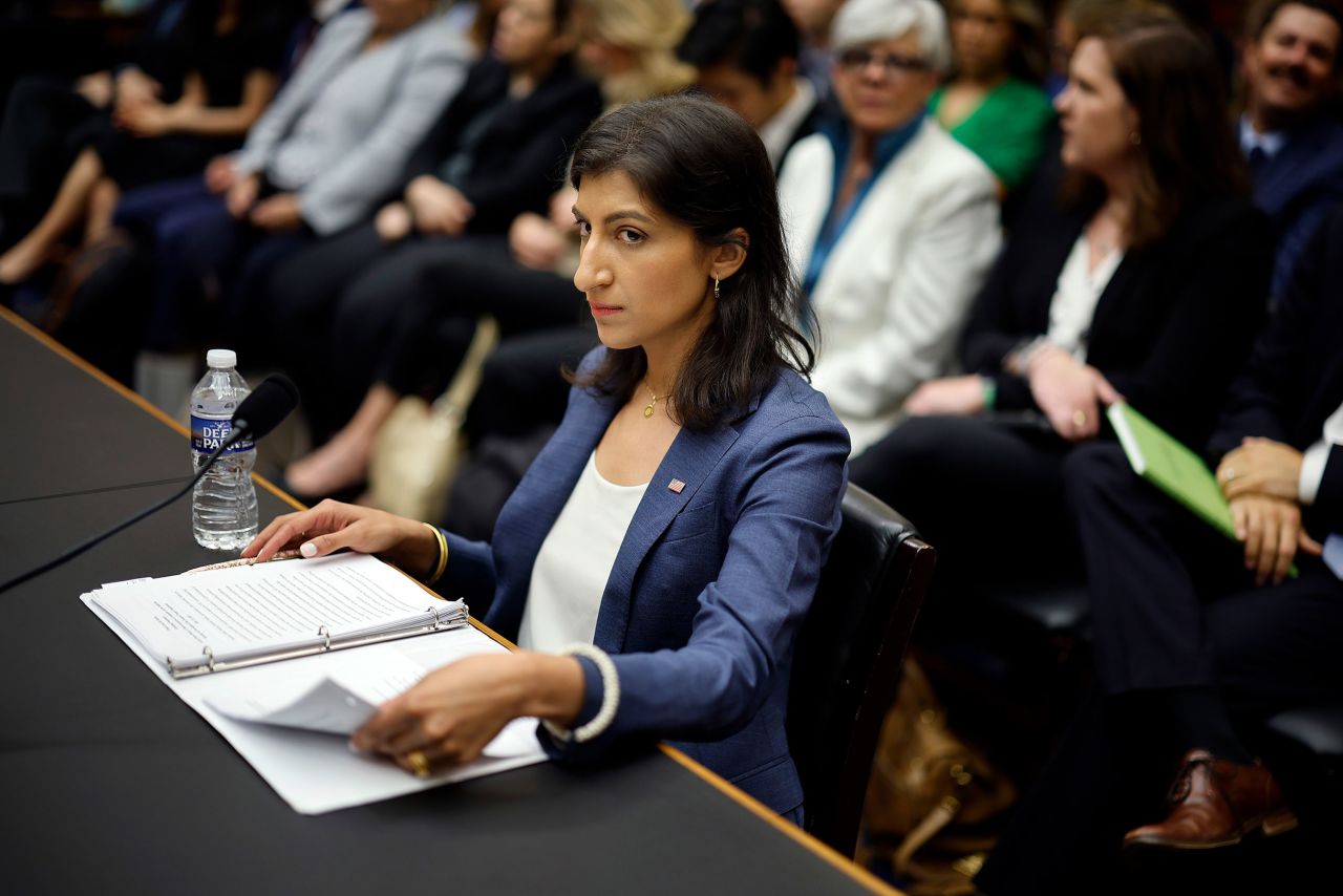 Federal Trade Commission Chair Lina Khan prepares to testify before the House Judiciary Committee in the Rayburn House Office Building on Capitol Hill on July 13, 2023.