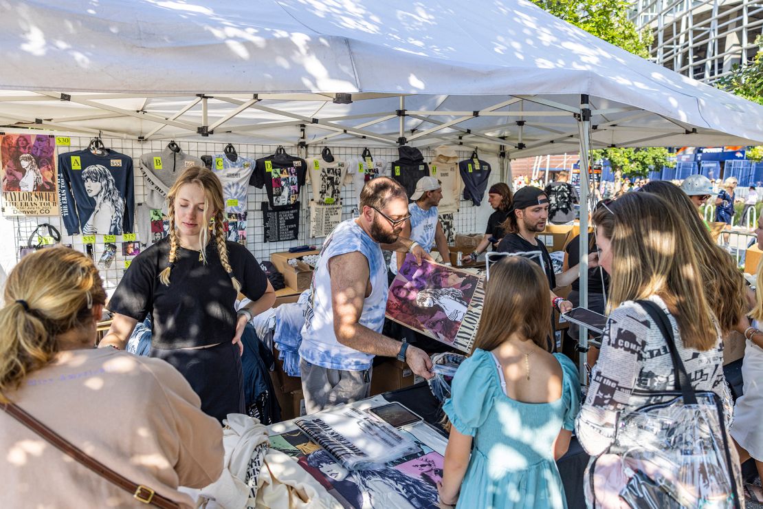 Stalls selling Taylor Swift merchandise in Denver, Colorado, ahead of the concert on July 14, 2023.