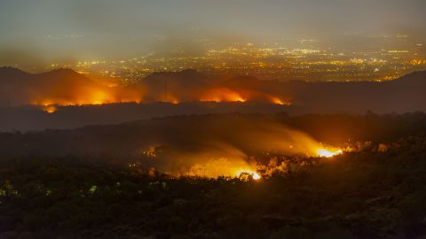 CATANIA, ITALY - JULY 26: Fire breaks out on Mount Etna and spreads across the entire southern slope of the volcano as wildfires hit Sicily, in Catania, Italy on July 26, 2023. Wildfires cause severe damage and airport closures in Italy. (Photo by Salvatore Allegra/Anadolu Agency via Getty Images)