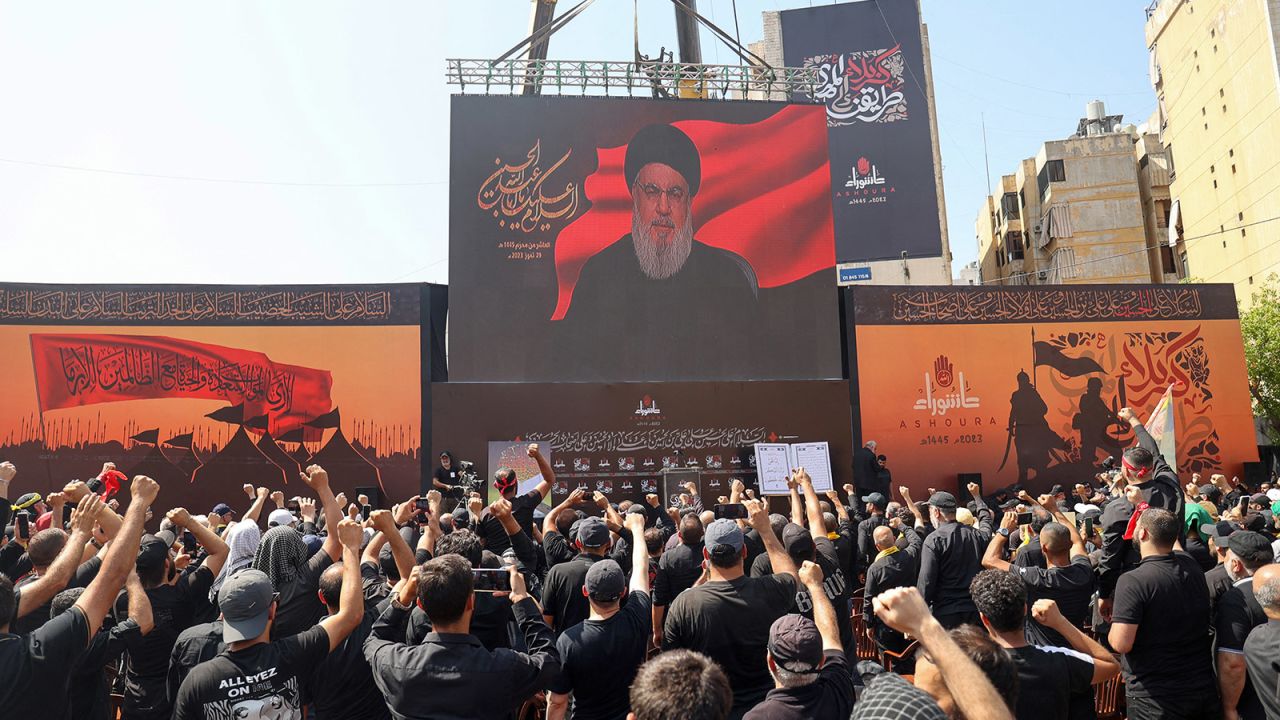 Hezbollah leader Hassan Nasrallah delivers a televised speech during a gathering to commemorate Ashura, in the southern suburbs of Beirut on July 29, 2023.