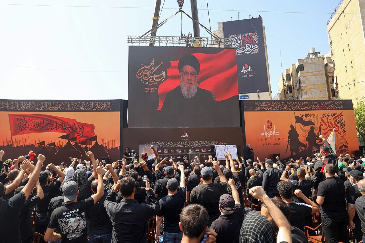 Hezbollah leader Hassan Nasrallah delivers a televised speech during a gathering to commemorate Ashura, in the southern suburbs of Beirut on July 29, 2023.